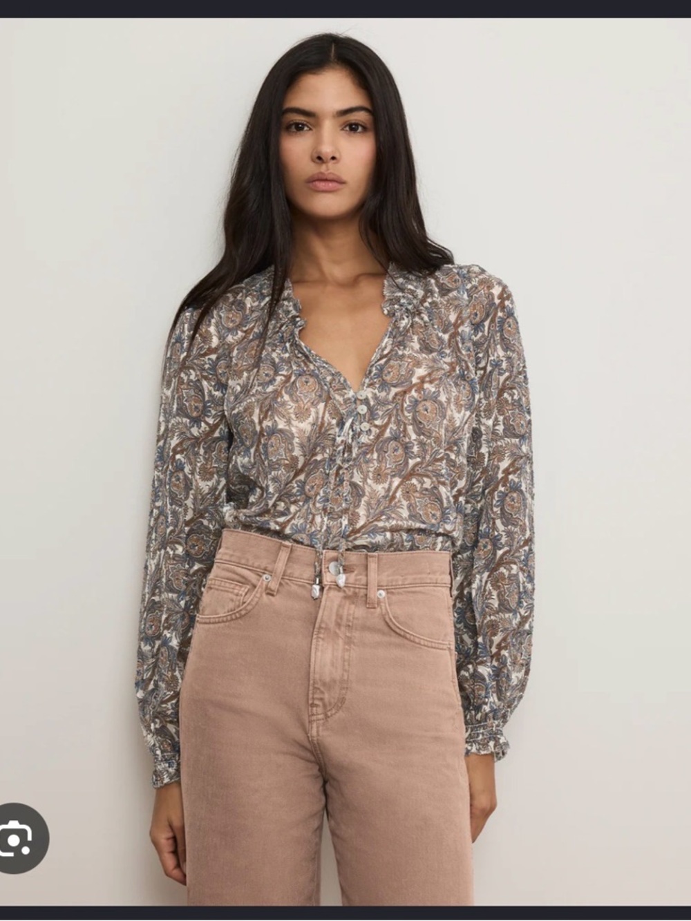 Veronica Beard Paisley Tie-Neck Blouse in Cream, Brown & Blue